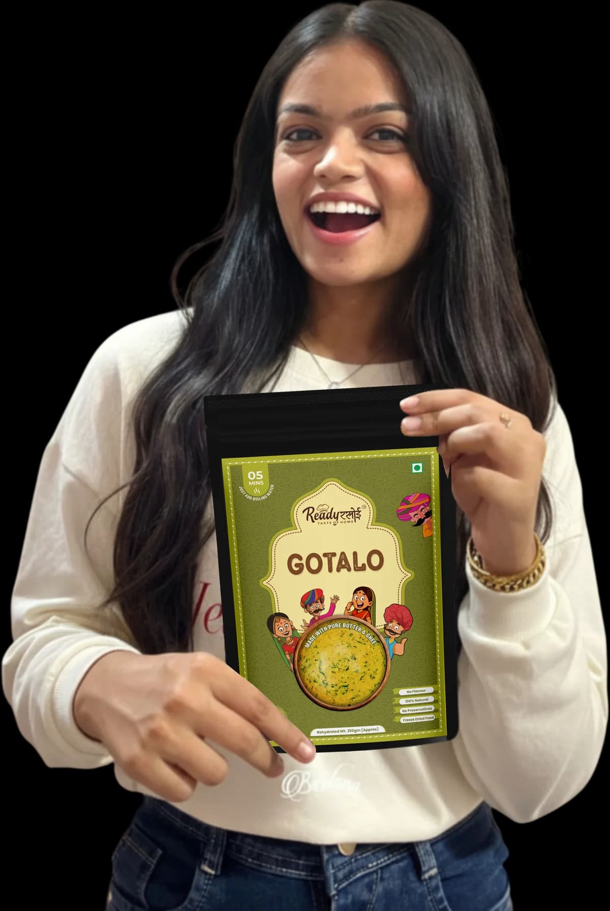 A smiling woman holding up a pack of Ready Rasoi Gotalo